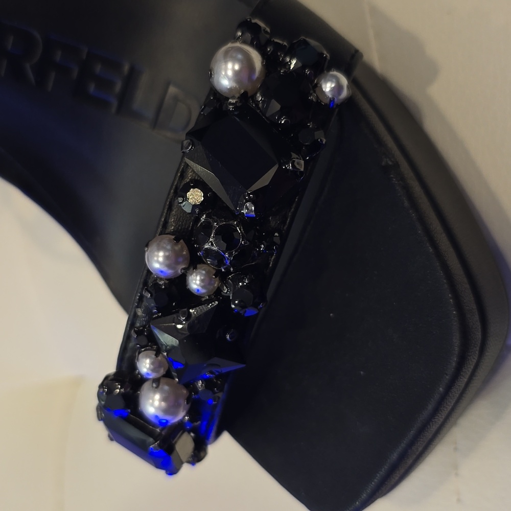 KARL LAGERFELD JALA Black RHINESTONE PEARL High HEEL PLATFORM STILETTO SHOES 7.5 - Picture 5 of 5